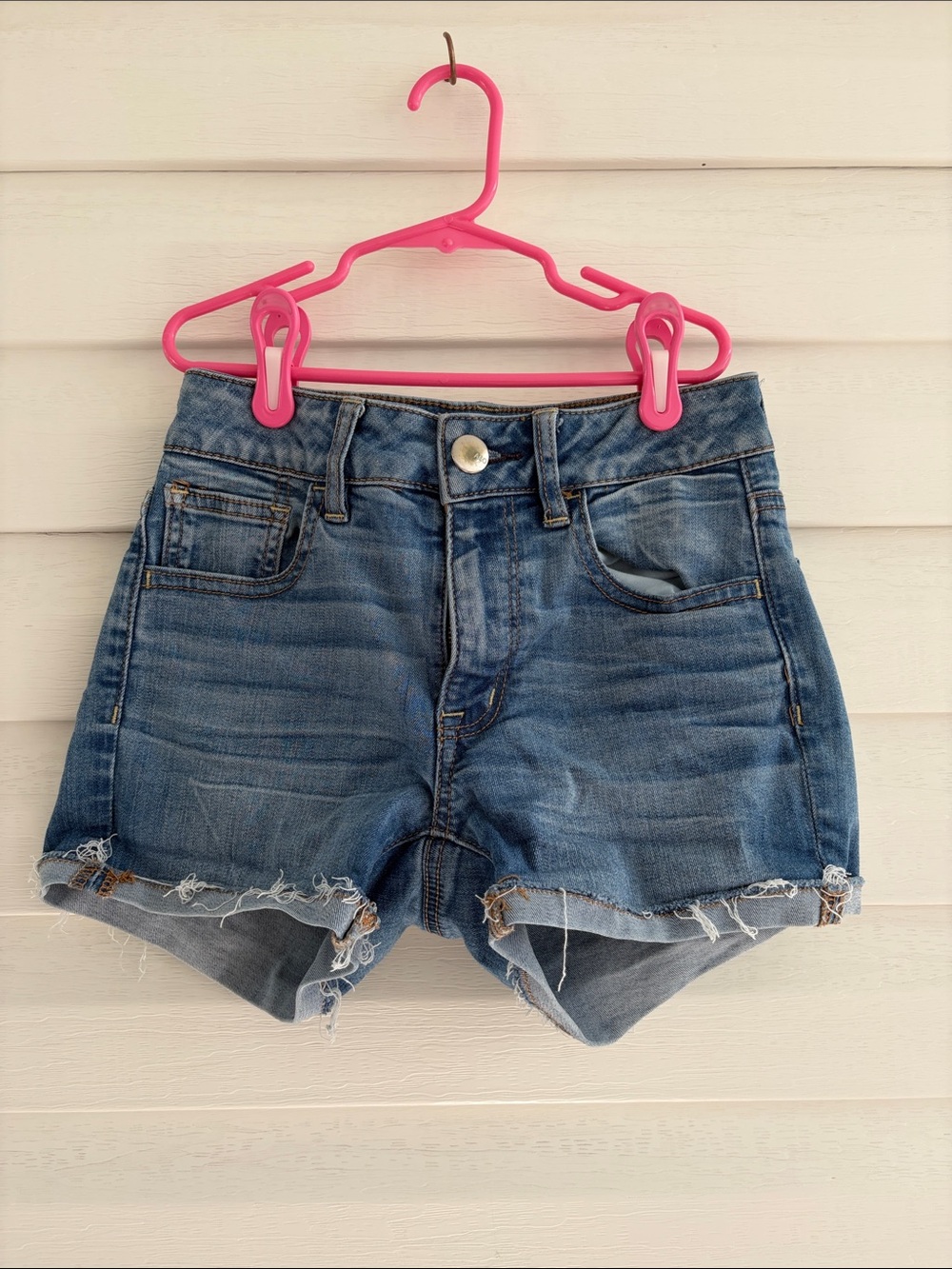 American Eagle High Rise Shortie Denim Shorts Size 00 Distressed Raw Hem Stretch